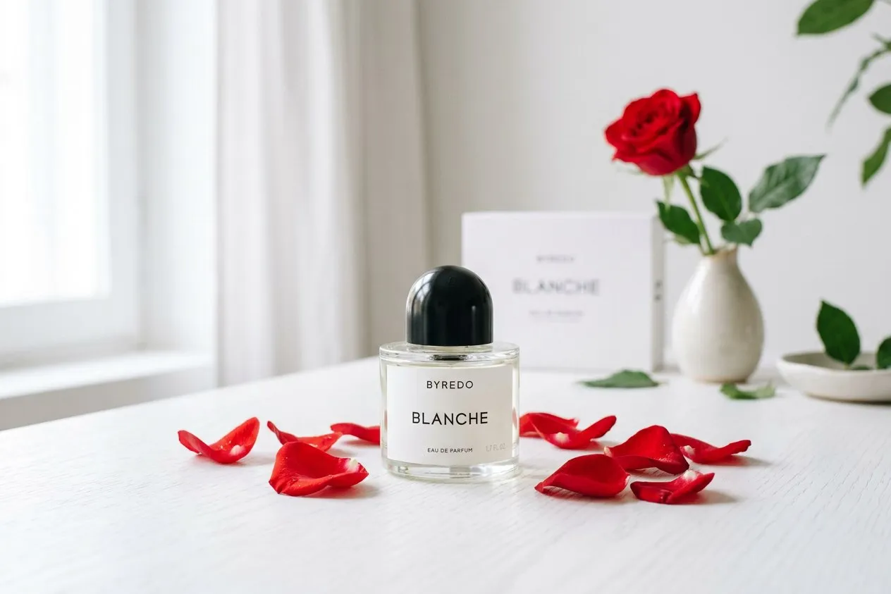 致敬 Byredo Blanche 白色極簡香水瓶與紅玫瑰花瓣 — 瑞典極簡香水代表作