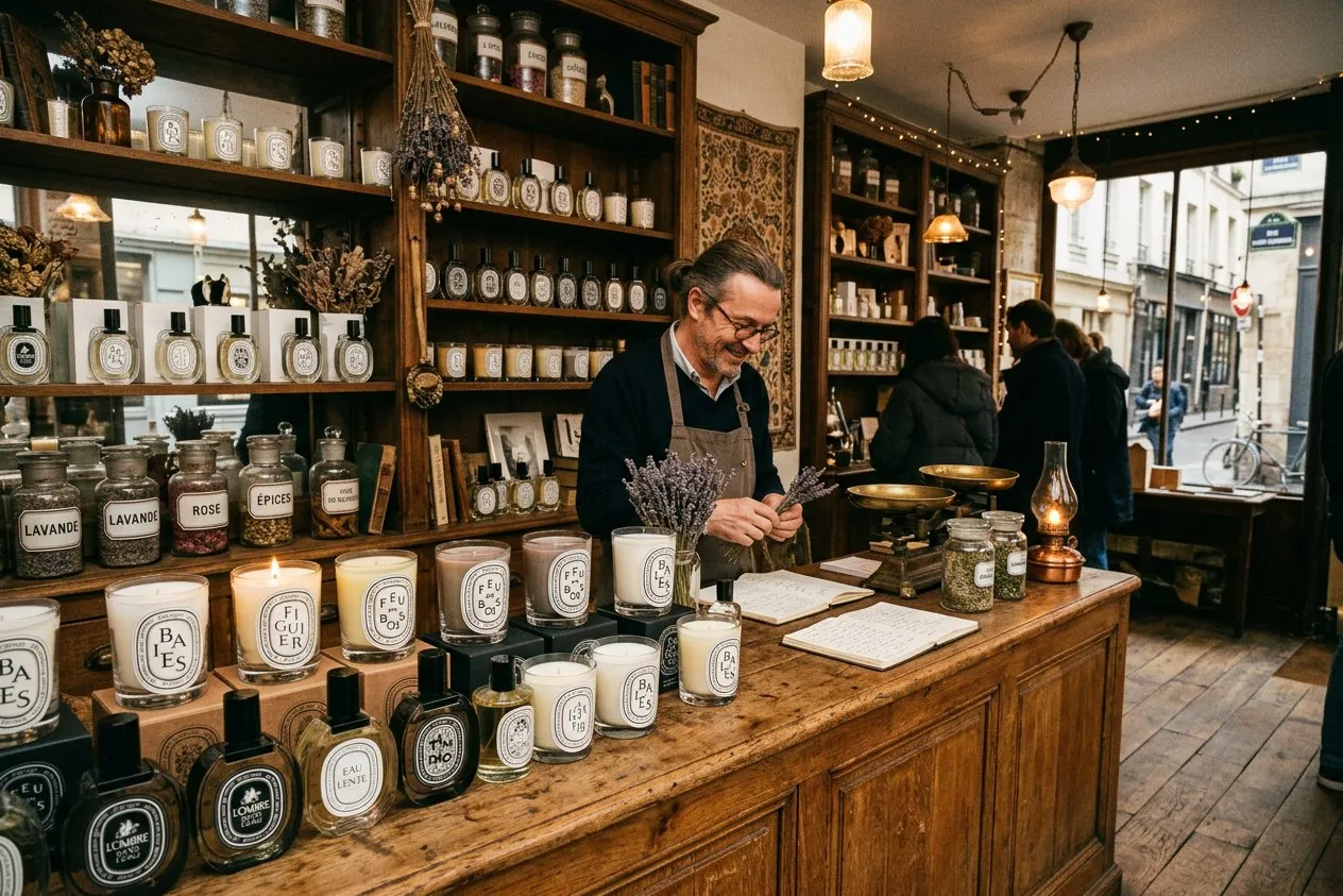 巴黎風格復古香氛雜貨店店主整理薰衣草與橢圓標籤蠟燭 — 致敬 Diptyque 60 年品牌