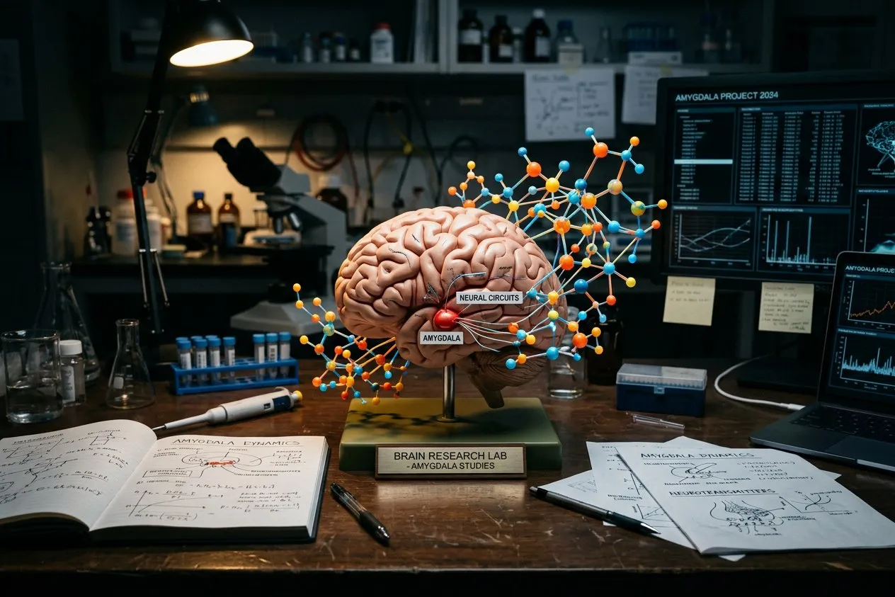 神經科學實驗室桌上腦部模型與分子結構 — 嗅覺神經迴路研究現場